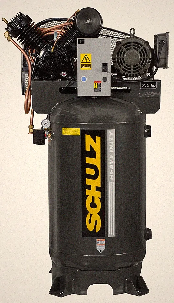 SCHULZ AIR COMPRESSOR, 7.5HP, THREE PHASE, 230V, 80 GALLON TANK, 30CFM, 175 PSI